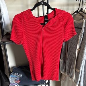 Red Ribbed Short Sleeve Women's Top